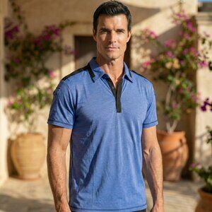 Andres Velasco UnderGear Blue Viscose Polo Shirt Black Trim Mens M Y2K Retro HTF